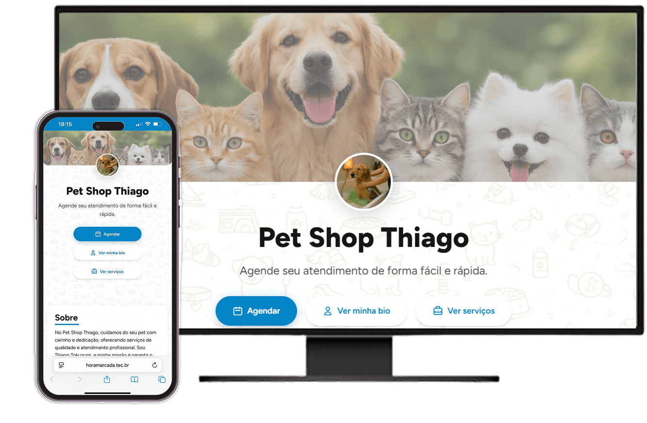 Painel administrativo e site público de uma pet shop no Hora Marcada